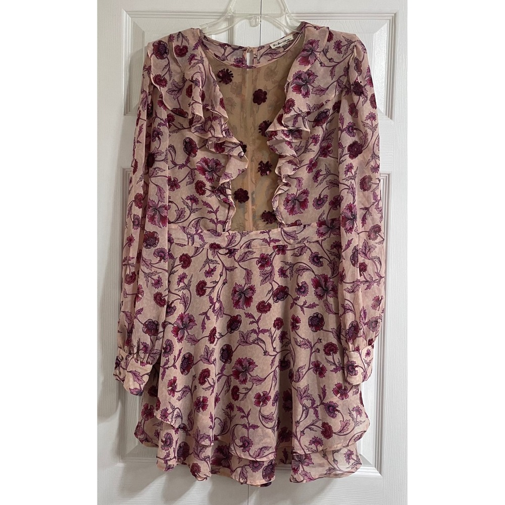 For Love and Lemons Floral Mesh Ruffle Agnes Mini Dress Pink Burgundy Sleeve L - Picture 2 of 16